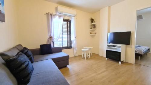 een woonkamer met een bank en een flatscreen-tv bij Michael's Boutique Apartment in Netanya