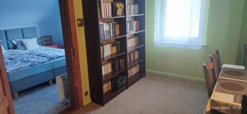 a bedroom with a bed and a book shelf with books at Słoneczne apartamenty in Sobótka