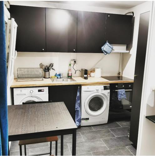 une cuisine avec un évier et une machine à laver dans l'établissement Suite Perla - Balnéo et Sauna, à Le Mée-sur-Seine