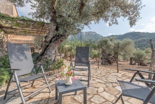two chairs and a table in front of a tree at Deià semi-detached sunny country house, near GR221 in Deia
