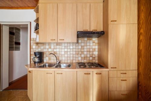 a kitchen with wooden cabinets and a sink at Residence Pichler Apartment 1 in San Leonardo in Passiria