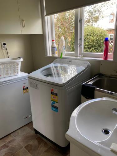 een kleine keuken met een wastafel en een wasmachine bij Green garden home in Whangarei