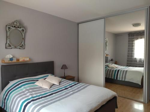 Schlafzimmer mit einem Bett und einem Spiegel in der Unterkunft Les sittelles in Gaillac