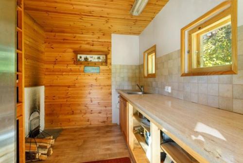 eine Küche mit Holzwänden und einer Arbeitsplatte in der Unterkunft Ratsu Turismitalu in Jõgela