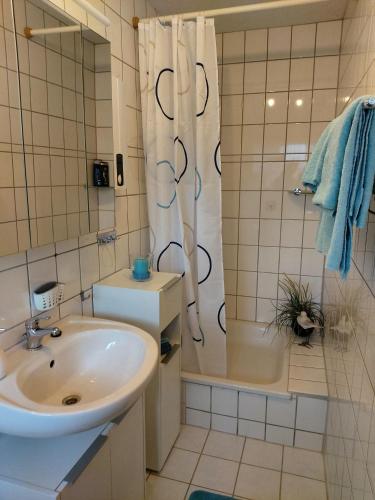 ein Badezimmer mit Waschbecken und Dusche in der Unterkunft Fewo Wolf in Einbeck