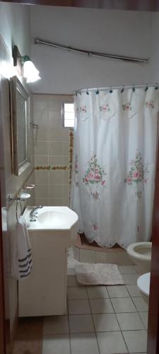 a bathroom with a sink and a shower curtain at Posada Debbie Airoport Ezeiza in La Unión