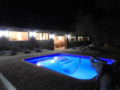 a swimming pool at night with blue lights at Balule Bushveld Safari Lodge in Phalaborwa