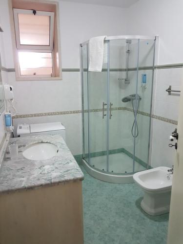 La salle de bains est pourvue d'une douche, d'un lavabo et de toilettes. dans l'établissement Appartamento Puccini, à Fasano