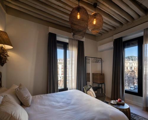 Un dormitorio con una cama grande y una ventana en Home4u, Plaza nueva 3, en Granada