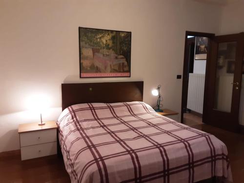 um quarto com uma cama com um cobertor xadrez e 2 candeeiros em La Terrazzina, silenzioso, zona Piazza Gran Madre em Turim