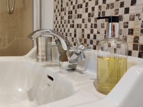 a bathroom sink with a soap dispenser on it at Ty Newydd B&B in Brecon