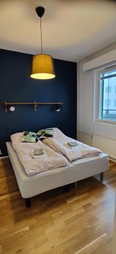 a bedroom with a bed with a blue wall at City center apartment with sauna, Rovakatu 13 in Rovaniemi