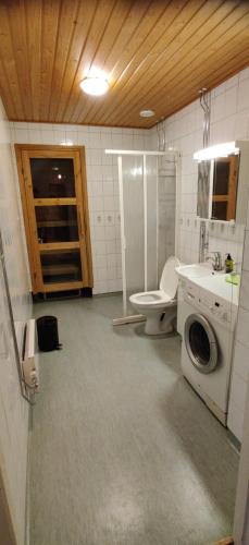 ein Badezimmer mit einer Waschmaschine und einem WC in der Unterkunft City center apartment with sauna, Rovakatu 13 in Rovaniemi