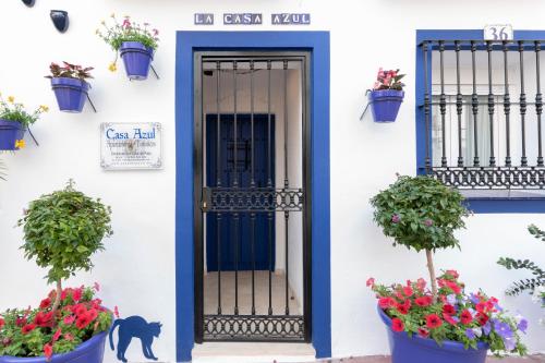 eine blaue Tür in einem weißen Gebäude mit Topfpflanzen in der Unterkunft CASA AZUL - Boutique Apartments by Casa del Patio in Estepona