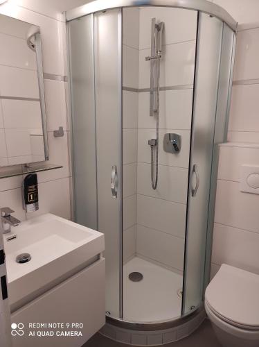 a bathroom with a shower with a sink and a toilet at Hotel U STUDÁNKY in Jablunkov