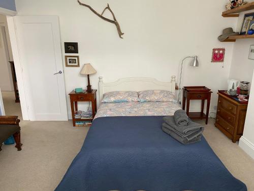 um quarto com uma cama com um cobertor azul em No Car Needed em Christchurch