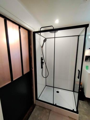 - une douche dans une chambre avec une porte en verre dans l'établissement ConcarnOLoc, à Concarneau