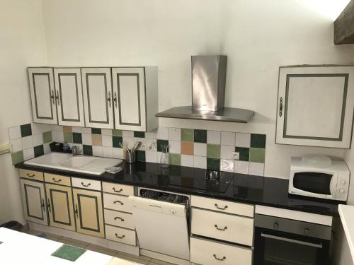 une cuisine avec un évier et un micro-ondes dans l'établissement Le Tâcheron, à Saint-Sernin-du-Plain