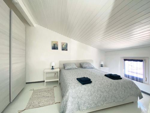 a bedroom with a large bed with a white ceiling at Ca' Sistina Blue in Morcote