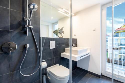ein Badezimmer mit Dusche, Toilette und Waschbecken in der Unterkunft Apartmentanlage Meerblickvilla Apartmentanlage Meerblickvilla 2-18 in Großenbrode