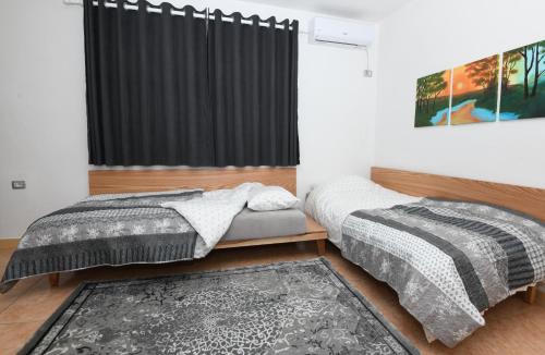 um quarto com 2 camas e uma janela em Rondine Studio Apartment em Tirana