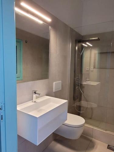 ein Badezimmer mit Waschbecken, Toilette und Spiegel in der Unterkunft The Dice in Pachaina