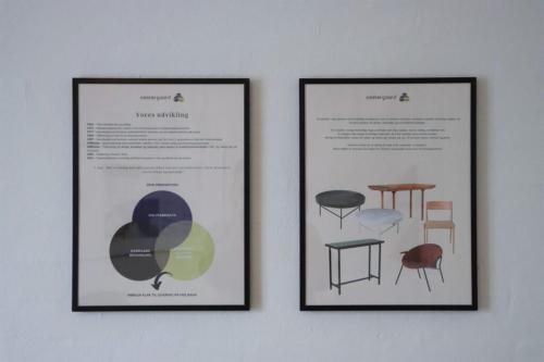 two framed pictures of chairs and tables on a wall at Roslev Hus in Roslev