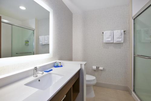 a bathroom with a sink and a toilet and a mirror at Holiday Inn Express & Suites Grand Rapids Airport North by IHG in Grand Rapids