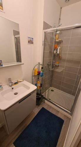 une salle de bain avec un lavabo et une douche dans l'établissement Le Dieppois, à Dieppe