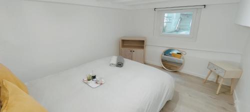 - une chambre blanche avec un lit et un miroir dans l'établissement Duplex cosy - Gare - Hyper centre - WIFI, à Angers
