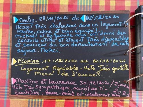a chalkboard with a list of ingredients on it at Le refuge privatif de Julie in Basse-Pointe