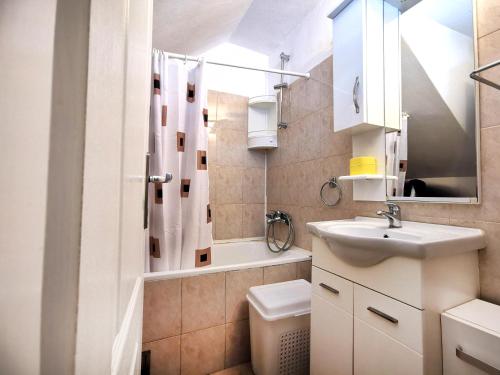 a bathroom with a sink and a toilet and a shower at Old Town Boskovic Apartment in Kotor