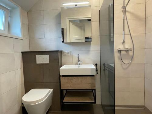La salle de bains est pourvue de toilettes, d'un lavabo et d'une douche. dans l'établissement Beautiful apartment with covered terrace, in a holiday park near Rhenen, à Elst