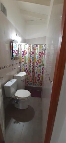 een badkamer met een toilet en een douchegordijn bij DEPARTAMENTO EN LA MONTAÑA in Ushuaia