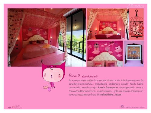 a page of a pink bedroom with two beds at Pupiang po Da Arte Resort in Dan Sai