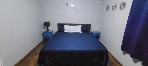 a bedroom with a blue bed with two blue tables at Cheerful 2 - Bedroom Townhouse with free parking in New Kingston in Kingston