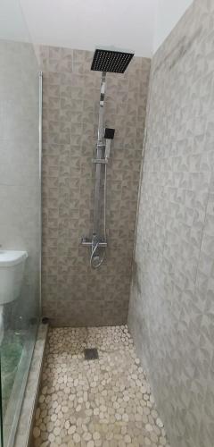 a shower with a shower head in a bathroom at Cheerful 2 - Bedroom Townhouse with free parking in New Kingston in Kingston