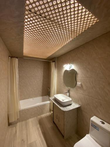 a bathroom with a toilet and a sink and a tub at Lake Palace Group Of House Boats in Srinagar