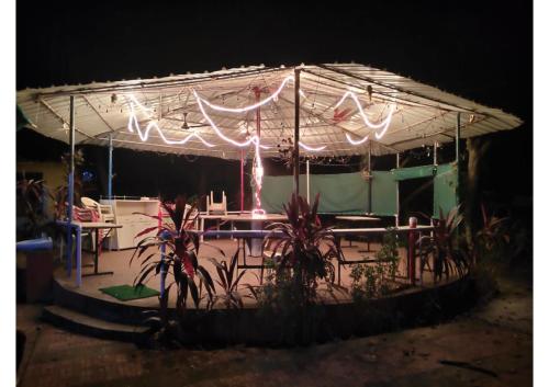 a white tent with lights on it at night at Aangan Villa in Alibaug