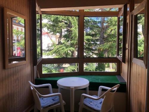 Zimmer mit einem Tisch, Stühlen und einem Fenster in der Unterkunft Studio Brides-les-Bains, 1 pièce, 2 personnes - FR-1-512-228 in Brides-les-Bains