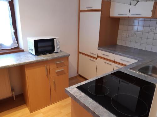 a kitchen with a sink and a microwave on a counter at TOP Garden View in Volders