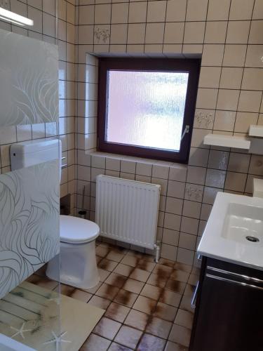 a bathroom with a toilet and a sink and a window at TOP Garden View in Volders