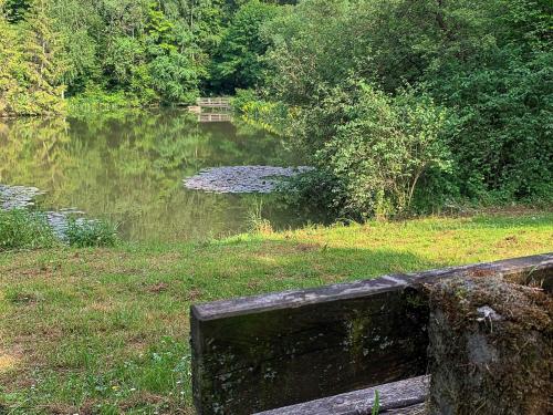 a wooden bench sitting in front of a body of water at Donnershag in Sontra