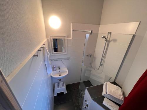 a small bathroom with a sink and a shower at Ferienhaus Leuchtturm in Börgerende-Rethwisch
