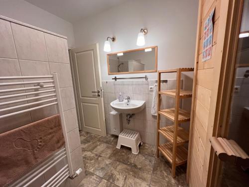 a bathroom with a sink and a mirror at Leuchtfeuer Fewo "Chris" in Börgerende-Rethwisch