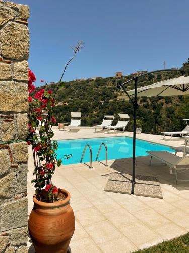a vase with flowers in it next to a pool at Residence Mersa in Brolo
