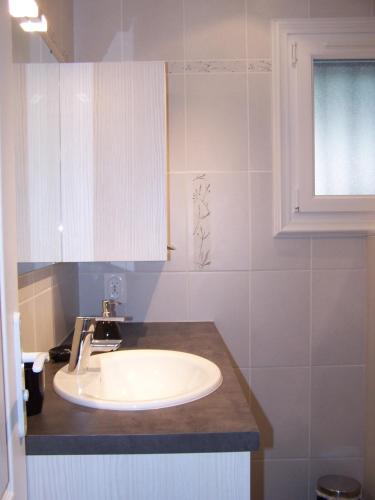 une salle de bain avec un lavabo et un meuble blanc dans l'établissement Gîte Grandeur Nature, à Saint-Aignan
