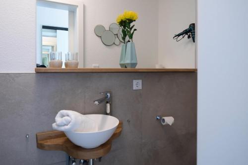a bathroom with a bowl sink and a mirror at Plauderei Café und Hotel in Bad Zwischenahn
