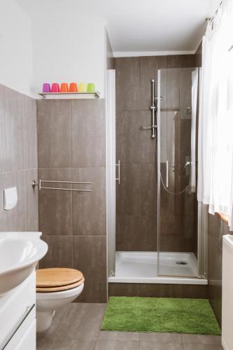 a bathroom with a shower and a toilet at Ferienwohnung an der Berliner Seenkette in Schwerin