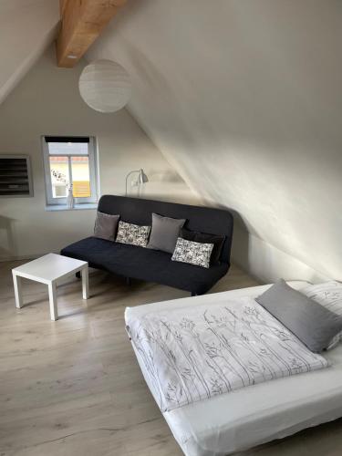 - un salon avec un lit et un canapé dans l'établissement Komplettes Ferienhaus für bis zu 4 Personen, à Dornheim